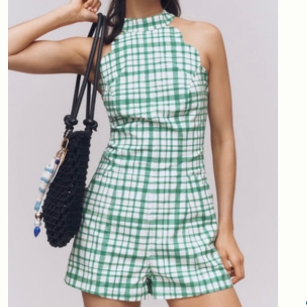 NWT by Anthropologie Scalloped Green & White Halter Romper  Sz 8